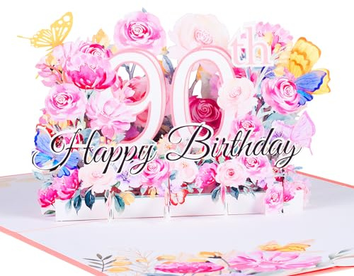 3D Geburtstagskarte zum 90.Geburtstag,Pop Up Karte zur Volljährigkeit Geburtstagsparty,Blumen Rosa,Happy Birthday Grußkarten,Jubiläumskarte Klappkarte,mit Nachrichtenkarte und Umschlag