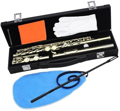 Professionelle Querflöte Goldene 16-Loch-C-Ton-Flöte Mit E-Klappe, Geschlossene Lochflöte, Vergoldete Klappen, Kupfernickelröhre Mit Koffer