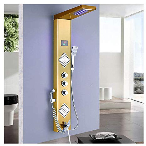 Pannello Doccia a LED Pannello Doccia con Display Digitale Torre Sistema Doccia in Acciaio Inossidabile con Soffione a Pioggia, Spruzzatore Manuale, Getti Massaggianti, Beccuccio per Vasca,