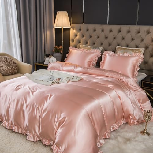 Herside Satin Ruffle Duvet Cover Set - Pink Silk Like Satin Bedding - Super King Size - Farmhouse Style - 1 Duvet Cover, 2 Pillowcases