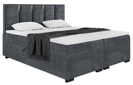 MEBLINI Boxspringbett mit Bettkasten - Gepolstert Doppelbett mit Matratze und Topper - Polsterbett mit Stauraum - Bett mit Kopfteil - Stauraumbett - Antonio Black - 180x220 - H3/Dunkelgrau Samt