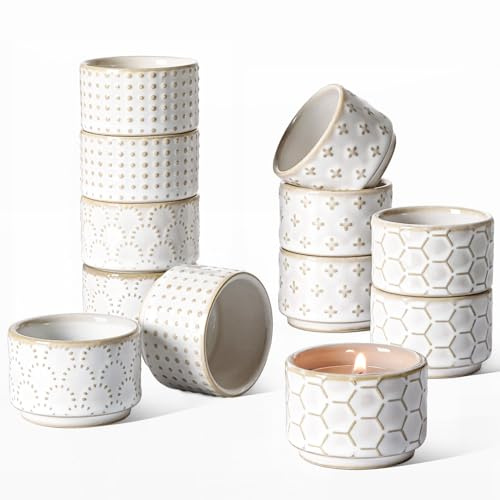 LE TAUCI Tealight Candle Holder, Embossed Ceramic Votive Candle Holders Bulk for Thanksgiving,Christmas, Wedding Table Centerpiece Decor, Set of 12, Arctic White