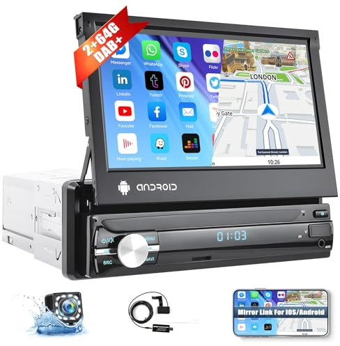 2G+64G Dab+ Radio Coche 1 DIN Android 13 Bluetooth Radio Coche con Manos Libres, 7 Pulgadas Radio 1 DIN Pantalla Extraible con Mirror Link GPS WiFi USB FM/RDS Radio SWC + Cámara de Visión Trasera