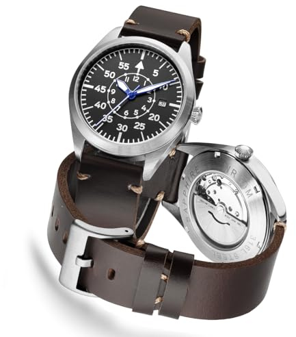 Boyarca Pilotenuhr Herren Flieger Armbanduhr Japan Automatikwerk Mechanische Uhren Edelstahlgehäuse Nylon Canvas Band Flieger Uhren mit Leuchtend Wasserdicht, Braun B