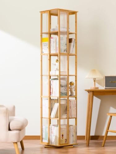 Generisch 6 Etagen drehbares Bambus-Bücherregal, 360° drehbares Bücherregal, stapelbarer Bücherregal-Organisator, Bücherregal-Turm, Eck-Bücherregal, bodenstehendes Bücherregal-Speicherregal (Natural)