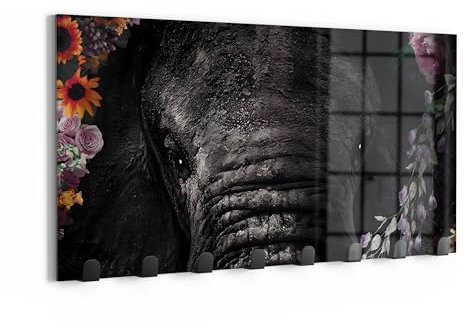 DEQORI Wandgarderobe Glas & Metall | Motiv Elefantenblütenpracht | 60x30 cm | Design Haken-Leiste modern | Garderoben-Paneel für Flur, Wohnzimmer & Schlafzimmer | magnetisch & beschreibbar