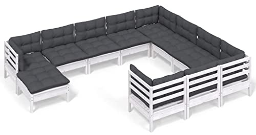 WEMYUFURN 11-TLG. Garten-Lounge-Set mit Kissen Weiß Kiefernholz, Outdoor-Sitzgruppe, Terrassen-Lounge-Set, Garten-Couchgarnitur - Wetterbeständig, Komfortabel - für Terrasse, Garten und Balkon