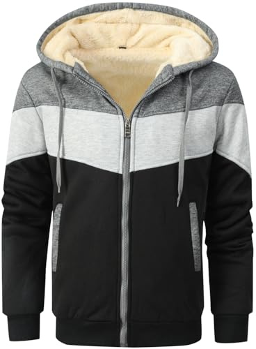 LEZUAN Kapuzenpullover Herren, Winter Warm Hoodies mit Reißverschluss, Fleece Innenseite Kapuzenjacke, Plus Dicke Sweatjacke Herren mit Kapuze, Gespleißtes Farbdesign