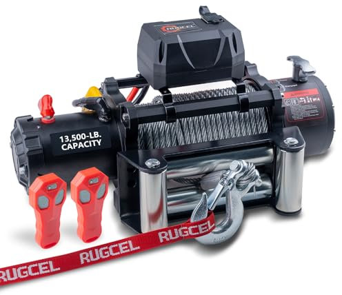 RUGCEL WINCH Verricello elettrico impermeabile per camion, 12 V, corda in acciaio, con passacavo a rullo, maniglia cablata e 2 telecomandi a infrarossi, per UTV ATV e Jeep Truck e Wrangler in