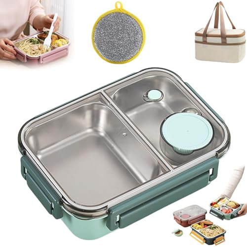 Escentio Lunch Box, Bento Box Adult Nestable Umami Space Saving, Bento Box Umami, Stainless Steel Bento Lunch Box, With Fork Spoon Sauce Box (Green-A)