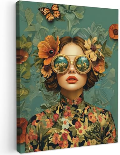 MuchoWow© Bild auf Leinwand Schlafzimmer Bilder Badezimmer Wand Deko | 60x80 cm - Wohnzimmer Modern Wanddeko Bilderwand Geschenk Frau - Blumen - Schmetterlinge - Natur - Vintage