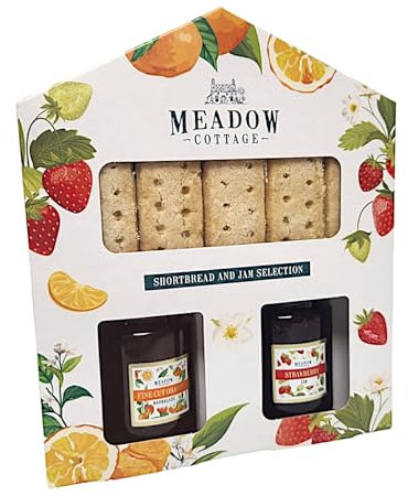 Mead ow Cot tage Shortbread & Jam Selection 150g Gift Box Strawberry & Orange Jams Jars Classic Shortbread
