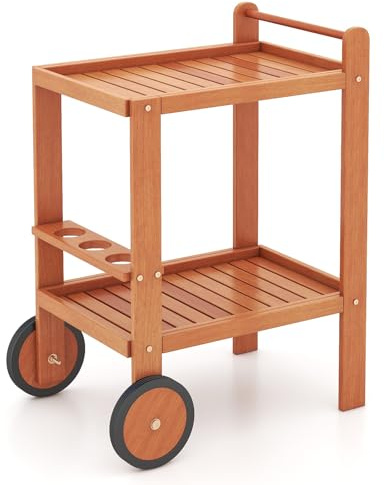 GiantexUK 2-Tier Serving Trolley, Wooden Bar Cart with Wine Bottle Holders, 2 Wheels & Handle, Utility Indoor Outdoor Beverage Drinks Trolley for Kitchen Dining Room Patio Garden