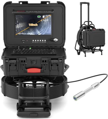 Sanyipace HD Kanalisationskamera, Abwasserkanal-Kamera mit Entfernungszähler, 10“ Bildschirm Kanalkamera, Rohrkamera mit DVR & Audio-Recorder, 512Hz-Sender, 50M/165FT