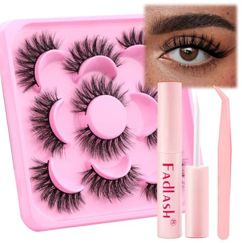 Fadlash Kit Faux Cils Volume Russe Cils 5 Paires Extension 3D Doux Moelleux Nature Avec Colle Réutilisables (LZ-E25)