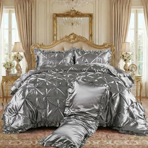 Bedbay Luxury Satin Comforter Set Queen Grey Pinch Pleat Bedding Set Silk Like Satin Ruffled Duvet Set 4 Pcs with 1 Ruffle Satin Body Pillow Cover 1 Comforter 2 Pillowcases