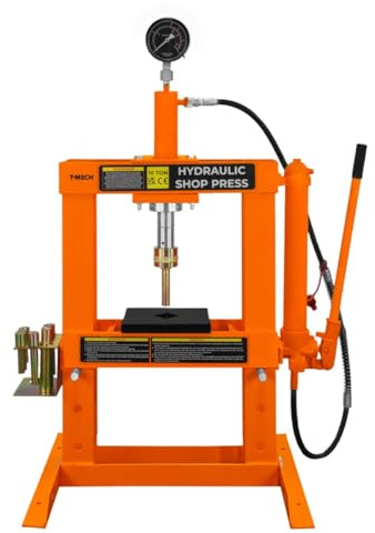 Hydraulic Shop Press 10 Ton Tonne 10,000kg Bench Mount Heavy Duty Steel Detachable Pressure Gauge Hand Pump Adjustable 180-335mm Vertical Work Area Workshop Garage FREE Tool Set 8 Mandrels & 1 Adapter
