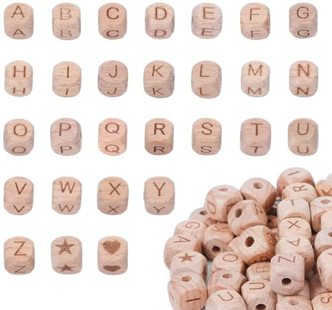 100 Stück Buchstabenperlen Holz, Buchstaben Holz von A-Z Holzperlen zum Auffädeln, Holzbuchstaben Klein mit 10M Schnurseil für DIY