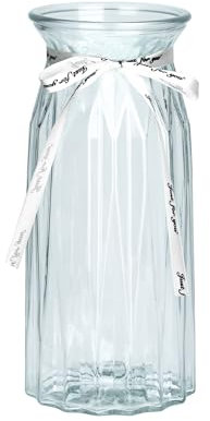 TSKDKIT Tall Glass Flower Vase with Ribbon, 24 x 10cm Decorative Clear Vase with Wide Opening for Tulips, Daffodils & Dried Flowers – Elegant Home Décor or Gift for Women