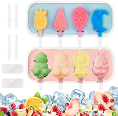 Xmart 2 pièces Moule a Glace Silicone Batonnet Glace a L'eau Réutilisables et Empilables 8 Cellules Sans BPA avec 2 Couvercles et 12 Bâtonnets pour Maison DIY Formes de Fruits et D'animaux Popsicle