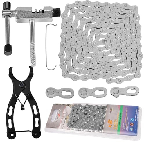 Fahrradkette, 6/7/8 Fach Fahrrad Kette 1/2 x 3/32 In 116 Kettenwerkzeug Set | Mit Kettennieter, 3 Kettenverschluss & Fahrradgliedzange, Hochfeste Kettenreparatur für MTB, Rennrad, Citybike