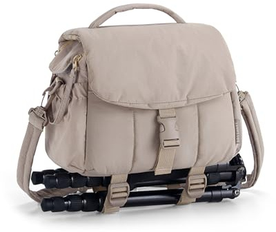 bagsmart Bolsa pequeña para cámara réflex digital y accesorios, ultraligera y compacta, con protector de lluvia/correas para trípode, camel, small, Bolsas para cámara