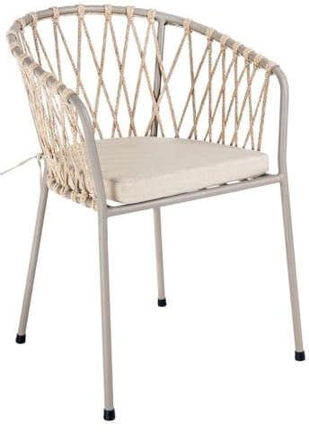 LOLAhome Silla de Jardín Myra de Acero y Cuerda Trenzada Color Limo, 52x51x80 cm, Cojín Incluido, Ergonómica, Diseño Elegante y Resistentes, Patas Desmontables Uso Exterior