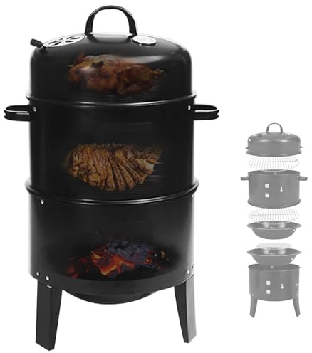 Barbecue au charbon de bois, fumoir 3 en 1, système de cuisson extérieur avec 2 zones de cuisson et thermomètre intégré