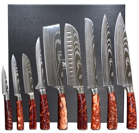 Chefino Damastmesser Set 9-teilig – Küchenmesser Set mit Kochmessern, Brotmesser, 2 Santoku – Hochwertiger Edelstahl, Laser Damaskus Optik, ergonomische Griffe – In edler Geschenkbox
