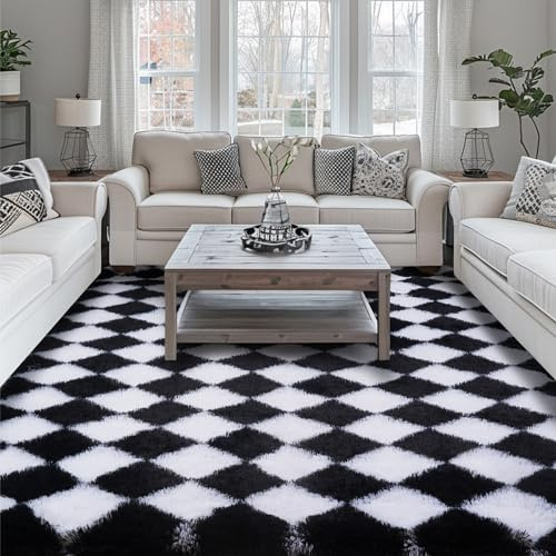 FVVRAX Large Rugs Living Room, Non-Slip Washable Geometric Rugs for Bedroom | Modern Hexagonal Pattern Black White Rug 120x170cm, High-Pile Fluffy Carpet for Lounge Nursery，Non-Shed Soft Rug for Kids