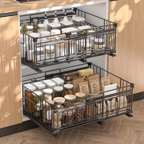 Vankarr 2 Pezzi Cassetto Telescopico Cucina, Armadio da Cucina Cassetto Scorrevole Estensibile Estraibile,Larghezza Regolabile 32.5-50 cm Per Cucina Bagno Soggiorno Nero