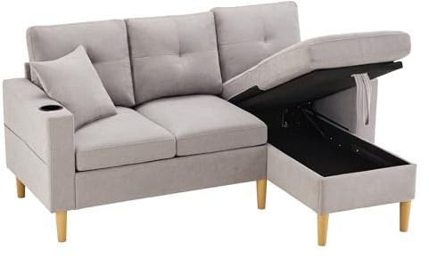 BTM L-Form Modernes Sofa 3-Sitzer-Sofa mit Chaiselongue Ecksofa Klein mit Stauraum Getränkehalter Corner Sofa für Wohnzimmer Hellelgrau