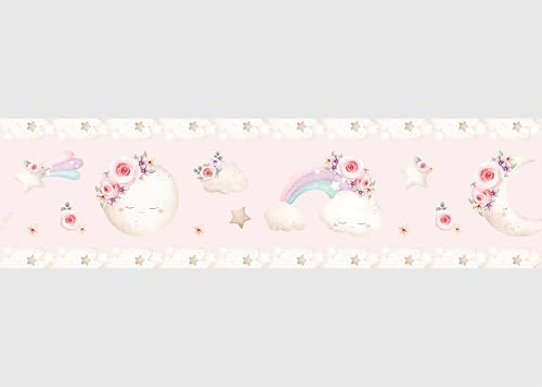 Selbstklebende Bordüre Rosa Aquarell-Mond AG Design, AWBD 8050 | Wasserfest Kinderzimmer Wand Aufkleber Dekoration | Wandbordüre für Mädchen und Junge | Folie | Breite 500 cm x Höhe 13.8 cm