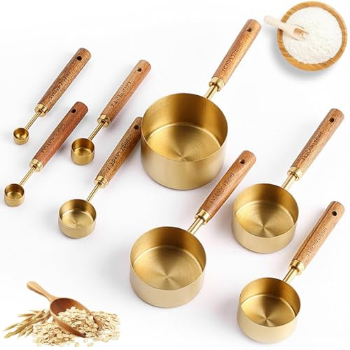 8 Stück Messbecher und Messlöffel Set, Messlöffel Set Edelstahl Gold mit Holzgriff, Metrische & US Maße, Für Kochen, Backen & Getränke, 60ml bis 250ml, Für Flüssige & Trockene Zutaten