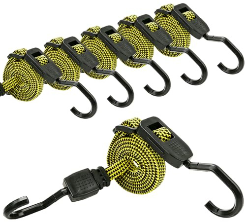 Yooyan 6er Set Verstellbar Spanngummi mit Haken, 125cm Flach-Gepäckspanner Gelb mit Schnellverschluss-Schnalle, UV-Beständige Expander für Fahrrad, Camping & Sonnensegel