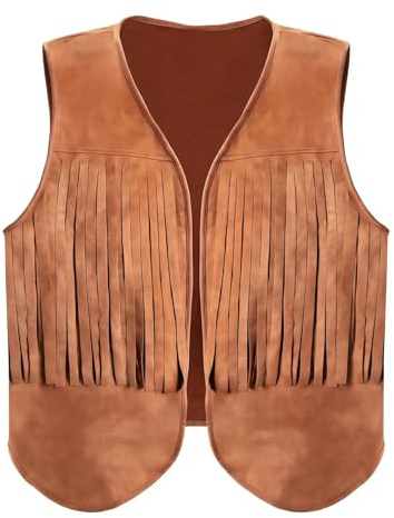 Men's Fringe Suede Waistcoat Sleeveless Open Front Y2K Cardigan Jacket | Western Cowboy Style Vest with Tassels, Vintage Plain Casual Hippie Gilets for Festival Country Concert Fancy Dress
