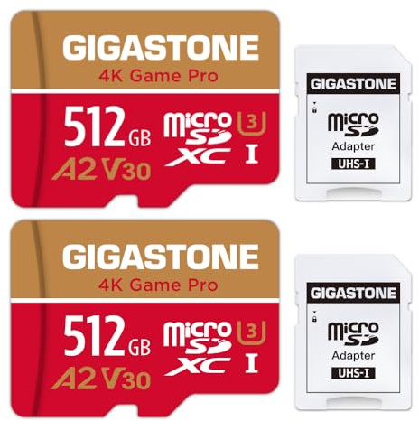 [5 Jahre kostenlose Datenwiederherstellung] GIGASTONE 512GB Micro SD Karte 2 Stück, 4K Game Pro, bis zu 100/60 MB/s, MicroSDXC Speicherkarte für Nintendo Switch 1 Gopro DJI, A2 V30 U3 +Adapter
