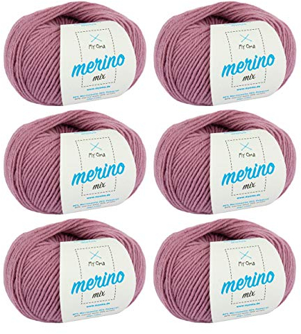 Merino Wolle - 6 Knäuel Merinowolle altrosa (Fb 9550) - rosa Merino Wolle zum Stricken - Merino Mix Wolle + GRATIS MyOma Label - 50g/120m - MyOma Wolle - weiche Wolle - Merino Garn