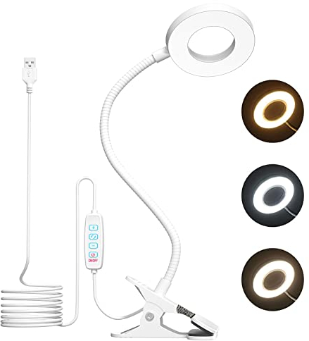 Bonlux LED Clip Light USB Bedside Clamp Lamp Flexible Dimmable, Clip on Reading Light, 10 Brightness Levels +3 Color Temperatures, Eye-Care Desk Lamp for Reading in Bed for Children & Adults (White)