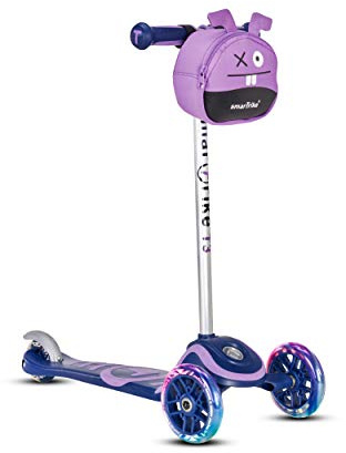Kinder-Scooter mit LED-Leicht-Rädern und Snacktasche, Knie- und Ellbogenschützer, Kinder-Scooter, Blau, Größe M