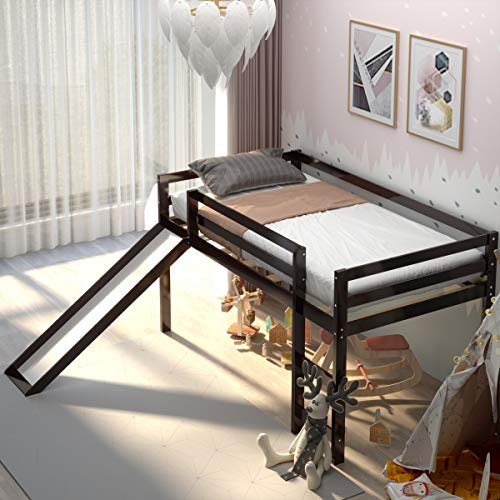 Costzon Twin Loft Bunk Bed, Solid Wood Kids Bed w/Slide, Built-in Ladder, Guard Rail & Storage Space, Low Bunk Bed Frame for Boys Girls Bedroom (Espresso)