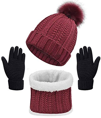 CheChury Stricken Mütze & Schal Damen Weiche Warme Fleece Gefüttert Winter Beanie Strickmütze Zickzack Wurm Winterschal Ski Hut mit Pompom-Weinrot-One Size