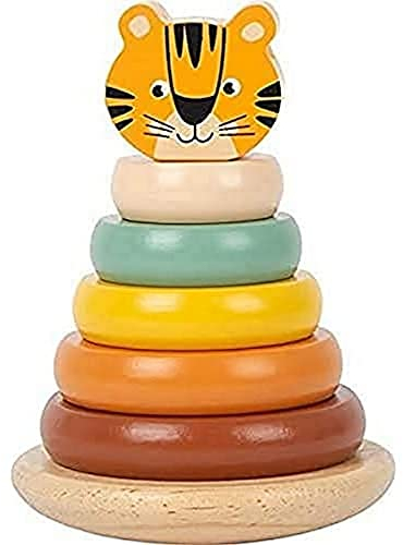 small foot Stapelturm Tiger Safari moderndes 7-teiliges Steckspiel mit 5 farbigen Holzringen, ab 12 Monaten, 11706