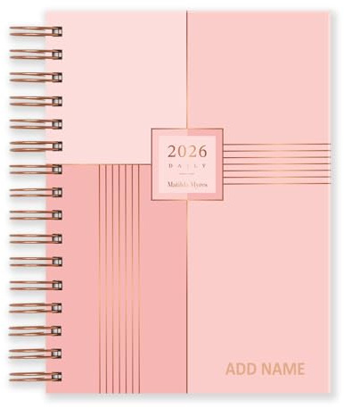 Matilda Myres Tagebuch 2026 – A5, Tag pro Seite – Januar bis Dezember – Hardcover-Einband – Roségold-Wiro-Bindung – Personalisierte Version – Liegt beim Schreiben flach – Rosa