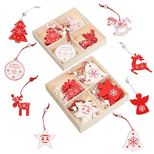 Belle Vous Nordisches Weihnachtsbaum Anhänger Holz Set (32 Stk) - 8 Vintage Weihnachtsanhänger Holz Designs in Rentier-, Glocken-, Christbaumkugeln-, Engel-, Baum- und Stern-Form - Weiße & Rote Farben