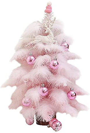 INIFILM - Mini albero di Natale artificiale rosa, 50 cm, con piume rosa, piccolo albero di Natale da tavolo con luci a LED e ornamenti palla, regalo di compleanno fatto a mano festa ornamento