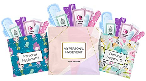 3 x Menstrual All-in-One Kits - Assorted Colors | Convenience on The Go | Single Period Kit Packs | Individually Wrapped Feminine Hygiene Products (Under The Sea/Light Rose/Butterflies)