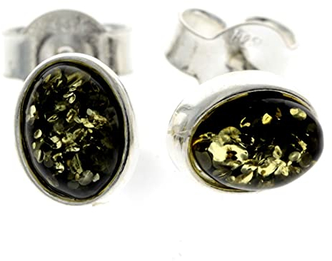 SilverAmber Jewellery UK - 925 Sterling Silber mit baltischer Grüner Bernstein - Oval Ohrstecker Ohrringe - 8238G