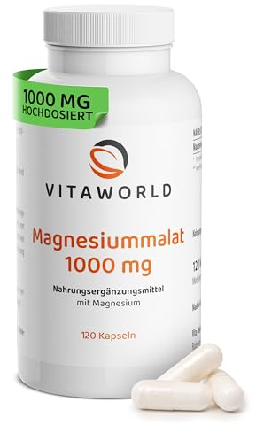 Magnesium Malat - Magnesium Malate Kapseln hochdosiert 1000mg pro Tag (120 vegane Kapseln) - hohe Bioverfügbarkeit - laborgeprüft, ohne Zusätze und Gentechnik - laktose- und glutenfrei - vitaworld
