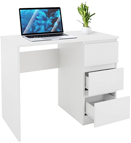 ML-Design Schreibtisch mit 3 Schubladen, 90x76x50 cm, Weiß matt, viel Stauraum, modern, Arbeitstisch Bürotisch Computertisch Büromöbel Kinderschreibtisch Laptoptisch PC Tisch, für Heim und Büro